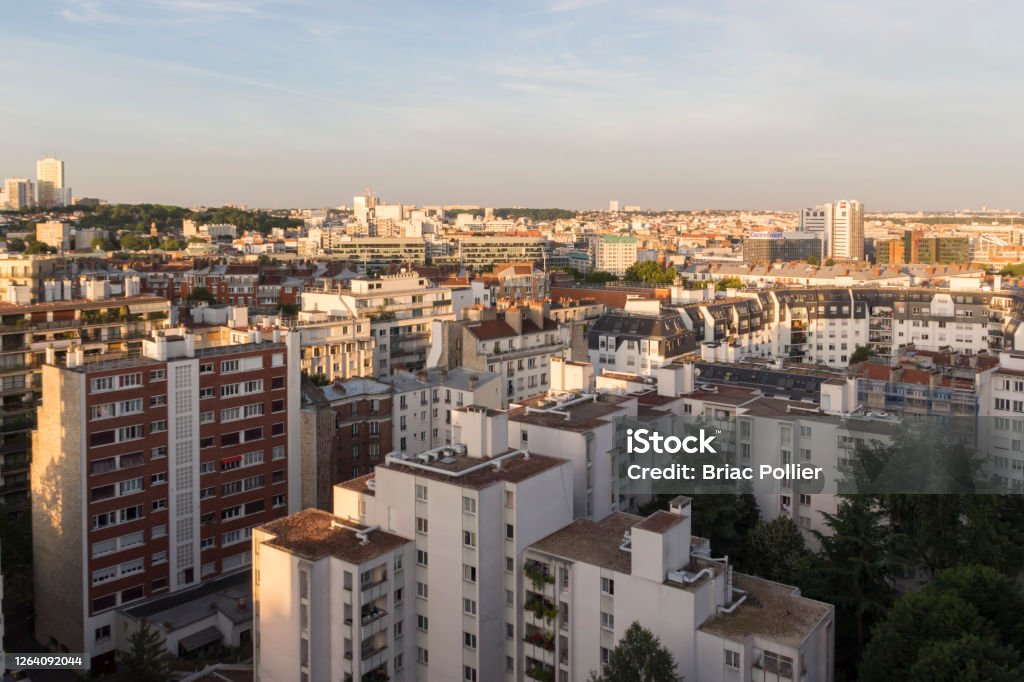 Montreuil during sunset, France Elevated view of apartment blocks in Montreuil, a Paris suburb Montreuil - France Stock Photo