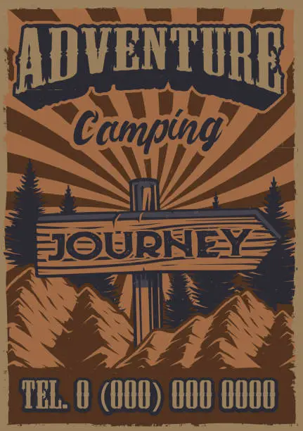 Vector illustration of Color vintage poster on the theme camping with road sign