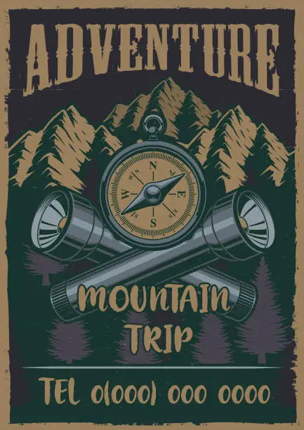Vector illustration of Colour vintage poster on the theme camping with compass