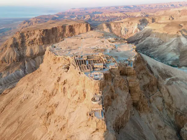Aerial view of the ruins of Massada is a fortress built by Herod the Great on a cliff-top off the coast of the Dead Sea. Destroyed by the Romans in the 1st century AD e. Included in the UNESCO World Heritage List