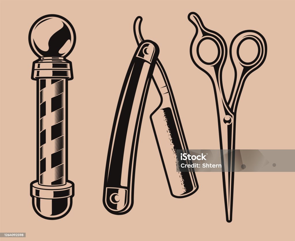 Set of vector illustration of a  barber pole Set of vector illustration of  barber pole, scissors, and a razor blade. Razor Blade stock vector