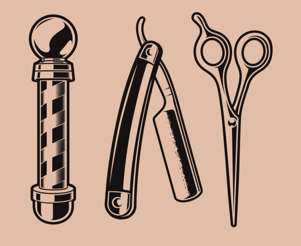 Set of vector illustration of a  barber pole Set of vector illustration of  barber pole, scissors, and a razor blade. razor blade stock illustrations