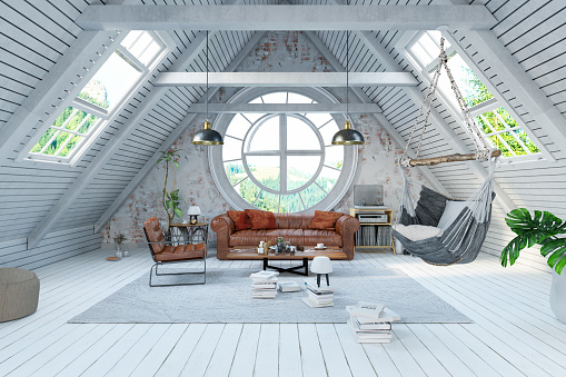 Modern Attic Living Room Interior. 3d Render