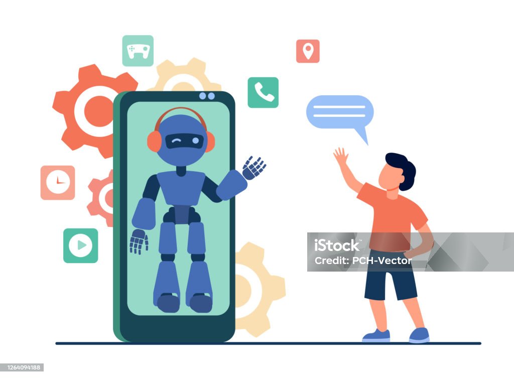 Hello Humanoids Boy Waving Hello At Humanoid On Smartphone Screen Stock Illustration ...