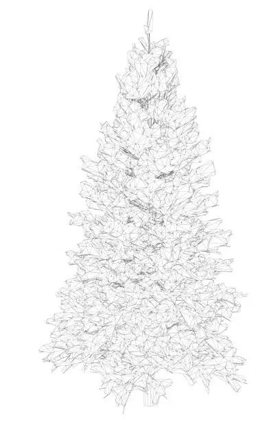 Vector illustration of Wireframe of a Christmas tree with snow from black lines on a white background. Front view. 3D. Vector illustration