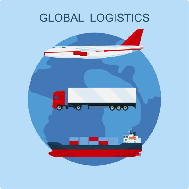 istock Global logistics network concept. Air cargo trucking, maritime shipping, road freight transport. Vector flat  illustration. 1264095729