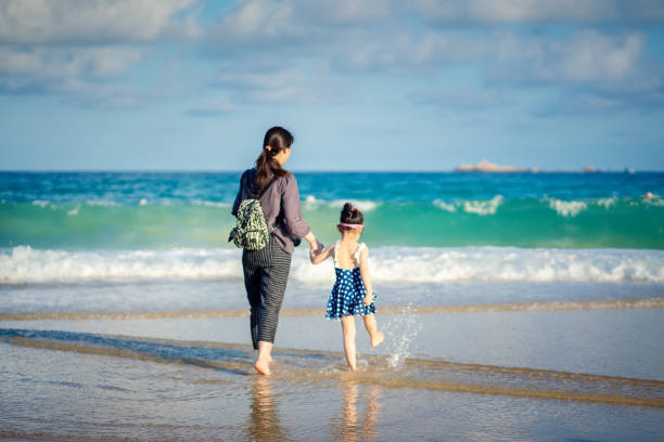 Rear view of mother and daughter walking on the beach