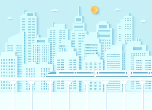 Vector illustration of Electric high-speed train, transportation, Cityscape, buildings with blue sky and sun, paper art style