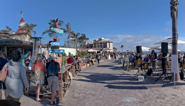 Coronado, California, United States - 02/29/2020: Crowds of people on the beachside boardwalk