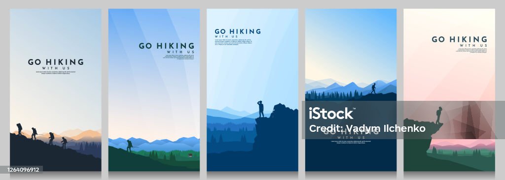 Vector landscape set. Travel concept of discovering, exploring and observing nature. The guy watches nature, riding at mountain bike, climbing to the top, going hike. Design for flyer, invitation Hiking stock vector