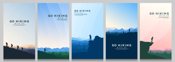 Vector landscape set. Travel concept of discovering, exploring and observing nature. The guy watches nature, riding at mountain bike, climbing to the top, going hike. Design for flyer, invitation Vector landscape set. Travel concept of discovering, exploring and observing nature. The guy watches nature, riding at mountain bike, climbing to the top, going hike. Design for flyer, invitation hiking backgrounds stock illustrations