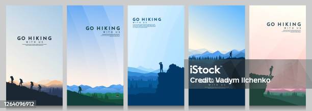 Vector Landscape Set Travel Concept Of Discovering Exploring And Observing Nature The Guy Watches Nature Riding At Mountain Bike Climbing To The Top Going Hike Design For Flyer Invitation Stock Illustration - Download Image Now