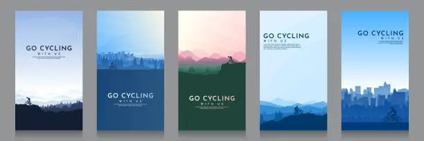 Vector illustration of Travel concept of discovering, exploring and observing nature. Mountain bike. Cycling. Adventure tourism. Minimalist graphic poster. Polygonal flat design for cover, gift card, invitation, banner.