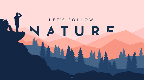 Traveler walks. Travel concept of discovering, exploring and observing nature. Hiking. Adventure tourism. The guy walking with backpack and travel walking sticks. Website template. Natural wallpaper