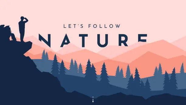 Vector illustration of Traveler walks. Travel concept of discovering, exploring and observing nature. Hiking. Adventure tourism. The guy walking with backpack and travel walking sticks. Website template. Natural wallpaper