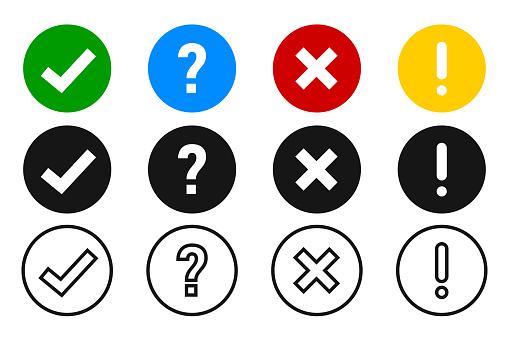 Checkmark cross exclamation and question icon. Vector element collection. Sign symbol set. EPS 10.