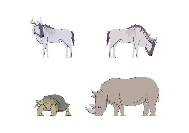 Vector illustration of Cattle and rhino semi flat RGB color vector illustration set