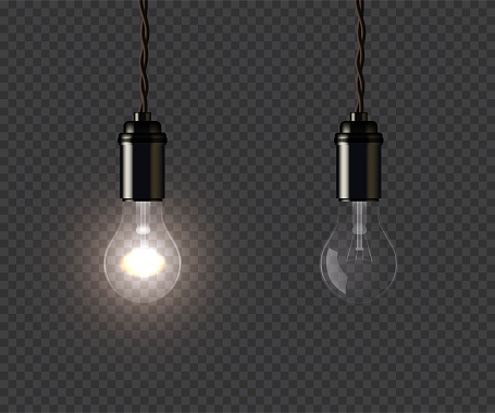 Vintage glowing and extinguished lamps holding on wire on dark transparent background. Vector isolated design element