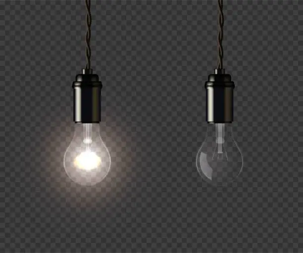 Vector illustration of Vintage glowing and extinguished lamps holding on wire on dark transparent background. Vector isolated design element.