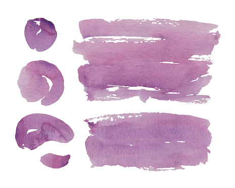 Hand painted purple watercolor objects isolated on white background. Creative collection of abstract stains, strokes and circles for your design