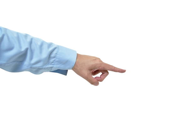 istock human man hand in blue business shirt pointer index finger for command order on white background 1264101849