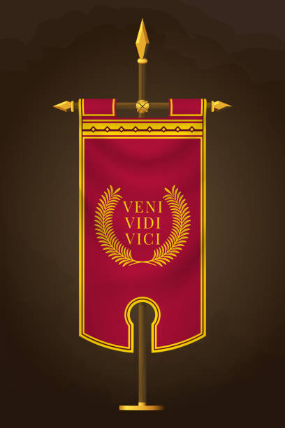 mittelalterliche vertikale banner mit lateinischen zitat. veni vidi vici. wandbehangs flagge. war pennant für spiel mit easy replaceable emblem. übersetzung: ich kam, ich sah, ich eroberte - conquered stock-grafiken, -clipart, -cartoons und -symbole