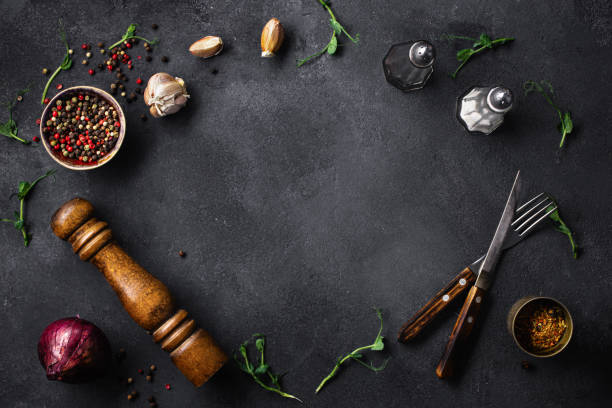 istock Menu background top view Frame of spices and vegetables 1264103068