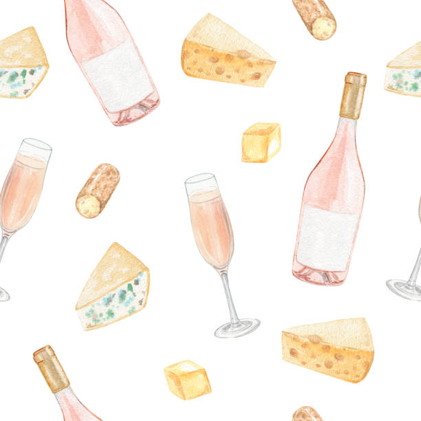 watercolor rose wine and cheese seamless pattern on white background watercolor rose wine and cheese seamless pattern on white background. Italian food print for fabric, textile, cafe menu, wallpaper rosé stock illustrations