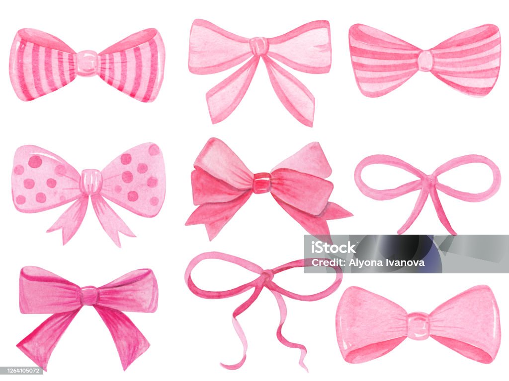 Watercolor Pink Bows Set Isolated On White Background Stock