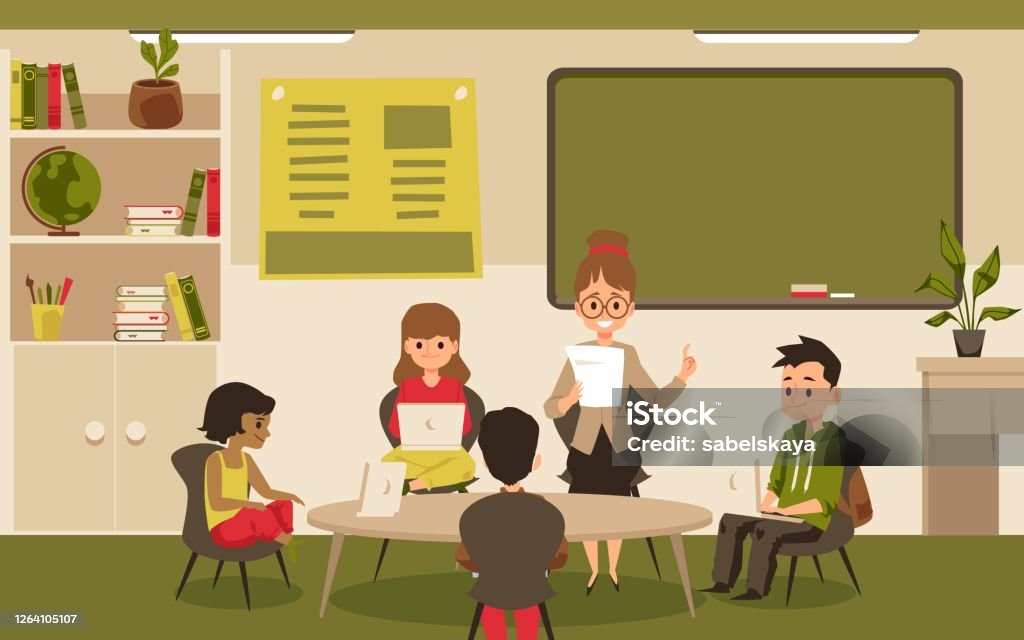 Children Computer Lesson With Kids Using Laptops Flat Vector ...