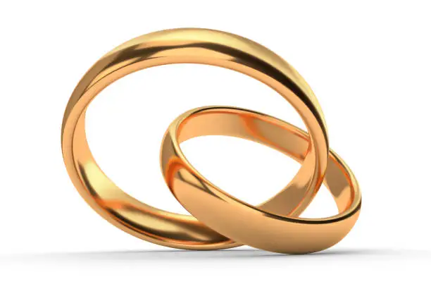 Illustration of two wedding gold rings lie in each other isolated on white. 3d rendering