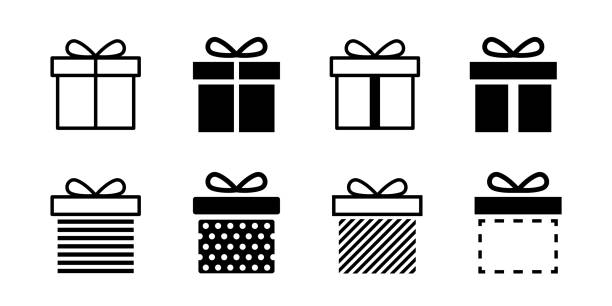 ilustraciones, imágenes clip art, dibujos animados e iconos de stock de icono de caja de regalo actual. elementos aislados vectoriales. icono de regalo de navidad icono de ilustración punteada símbolo vectorial. diseño lineal presente sorpresa. vector de stock. - black ribbon gift bow