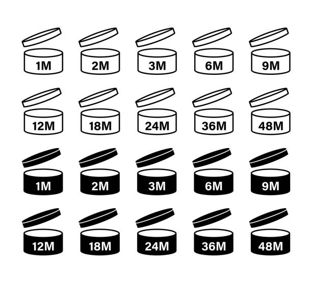 ilustrações, clipart, desenhos animados e ícones de período pao após ícone de abertura. sinal isolado vetorial, ícone.  sinais de data de validade: 1m, 2m, 3m, 6m, 9m, 12m, 18m, 24m, 30m, 36m, 48m. vetor de ações. - 6 12 months illustrations