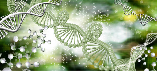 istock Image of stylized DNA strands on a blurry green background. 1264108520