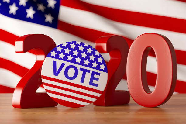 istock 2020 Election Badge Button and USA Flag 1264110511