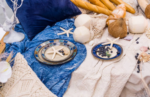 istock Beach Themed Ocean Wedding Reception Decorations. Party Centerpiece with Starfish 1264110783