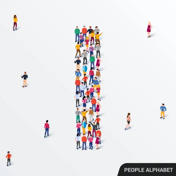 Vector illustration of Large group of people in letter I form. Human alphabet.
