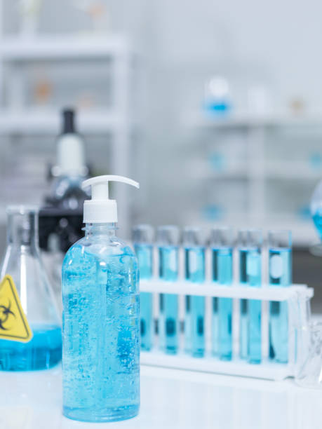 An alcohol gel bottle in a laboratory, hand sanitizer is a new normal today. stock photo