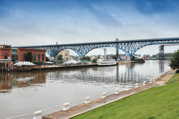 Main Avenue Viaduct, Cleveland Cleveland city, Ohio. Cityscape with Main Avenue Viaduct on Cleveland Memorial Shoreway. river cuyahoga stock pictures, royalty-free photos & images