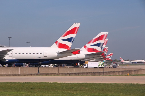 British Airways Boeing 777s at London Heathrow airport. BA operates fleet of 283 aircraft (largest in the UK) and is largest operator of 747 with 55 aircraft (2014).