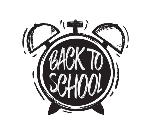 vectro hand gezeichnet pinsel typ schriftzug von zurück zur schule auf wecker hintergrund - back to school equipment capital letter clock stock-grafiken, -clipart, -cartoons und -symbole