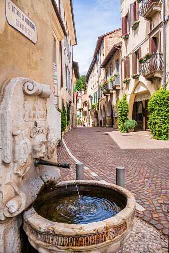 Ancient buildings facing Browning Street in Asolo, a town in Veneto listed in the club The most beautiful villages in Italy.