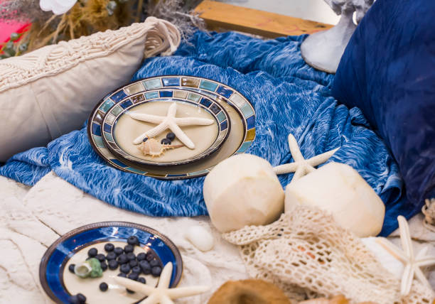 istock Beach Themed Ocean Wedding Reception Decorations. Party Centerpiece with Starfish 1264117613
