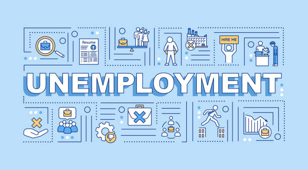 Unemployment word concepts banner Unemployment word concepts banner. Labor market crisis infographics with linear icons on blue background. Lack of jobs, employment issues. Isolated typography. Vector outline RGB color illustration unemployment stock illustrations