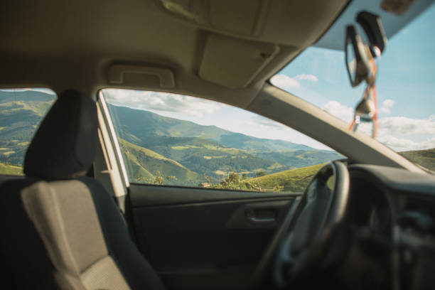 A beautiful mountain landscape as seen from inside a car. Puerto de La Braguía in Cantabria, Spain.