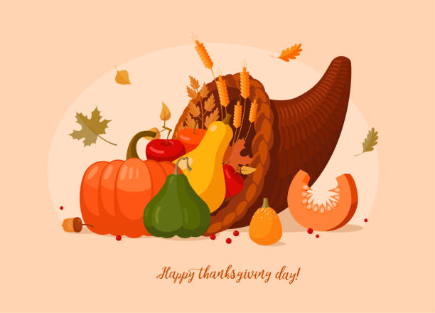 ilustraciones, imágenes clip art, dibujos animados e iconos de stock de decoraciones del día de otoño y acción de gracias. mesa del día de acción de gracias. cornucopia. - thanksgiving fruit cornucopia vegetable