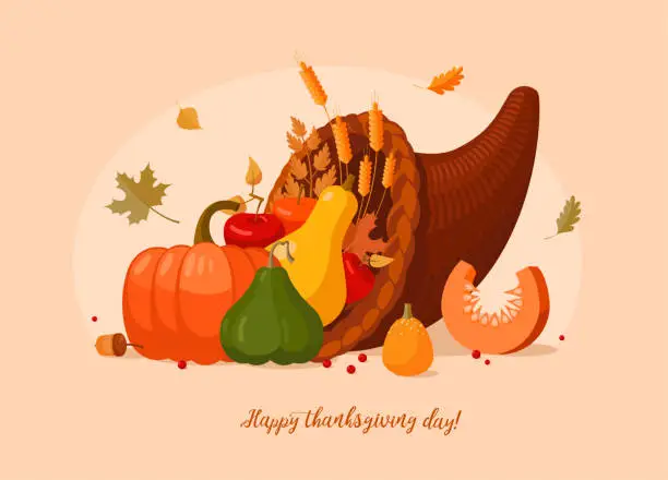 Vector illustration of Autumn and thanksgiving day decorations. Thanksgiving day table. Cornucopia.