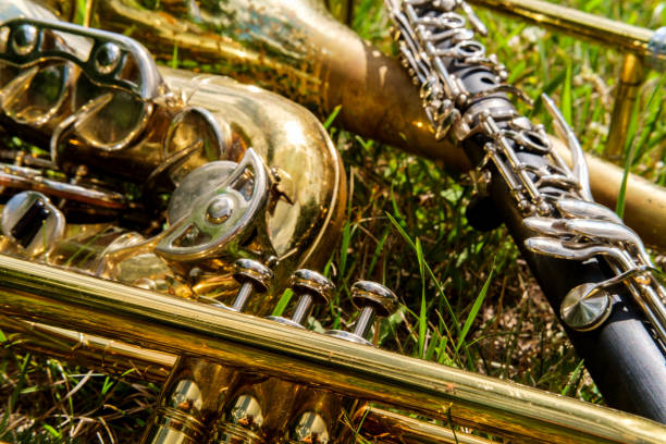 Musical instruments including trombone trumpet clarinet and saxophone lay in grassy field at music festival
