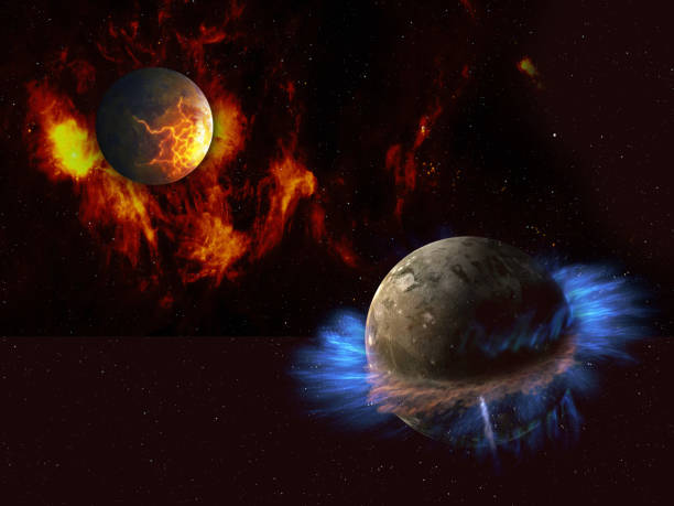 istock Two fantastic alien planets in deep space, red and blue. Elements of this image furnished by NASA. 1264126146