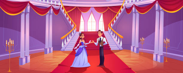 принц и принцесса в королевском замковом зале - palace entrance hall indoors floor stock illustrations